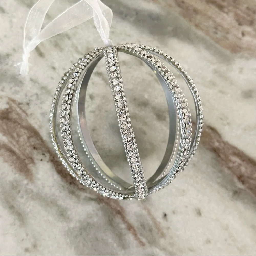 Large Silver Christmas Ornament- Rhinestone Beaded Sparkly Jewel Holiday Decor